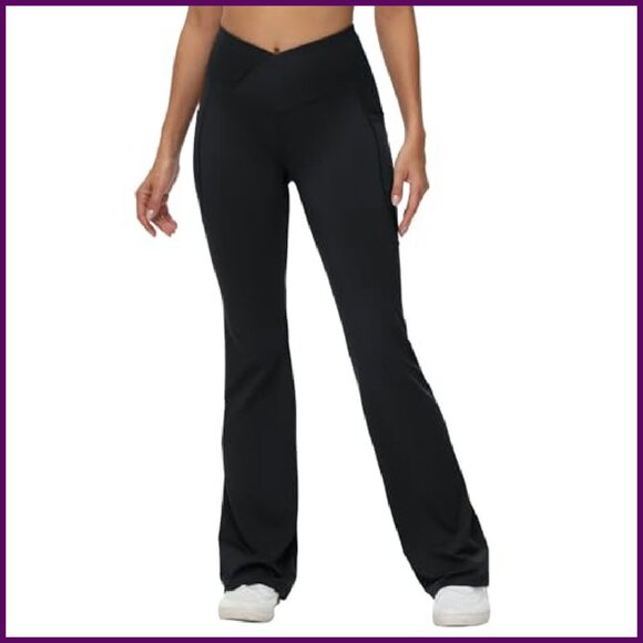 High Waist Flare Leggings with Pockets, V Crossover Yoga Pants for Workout - Picture 2 of 8
